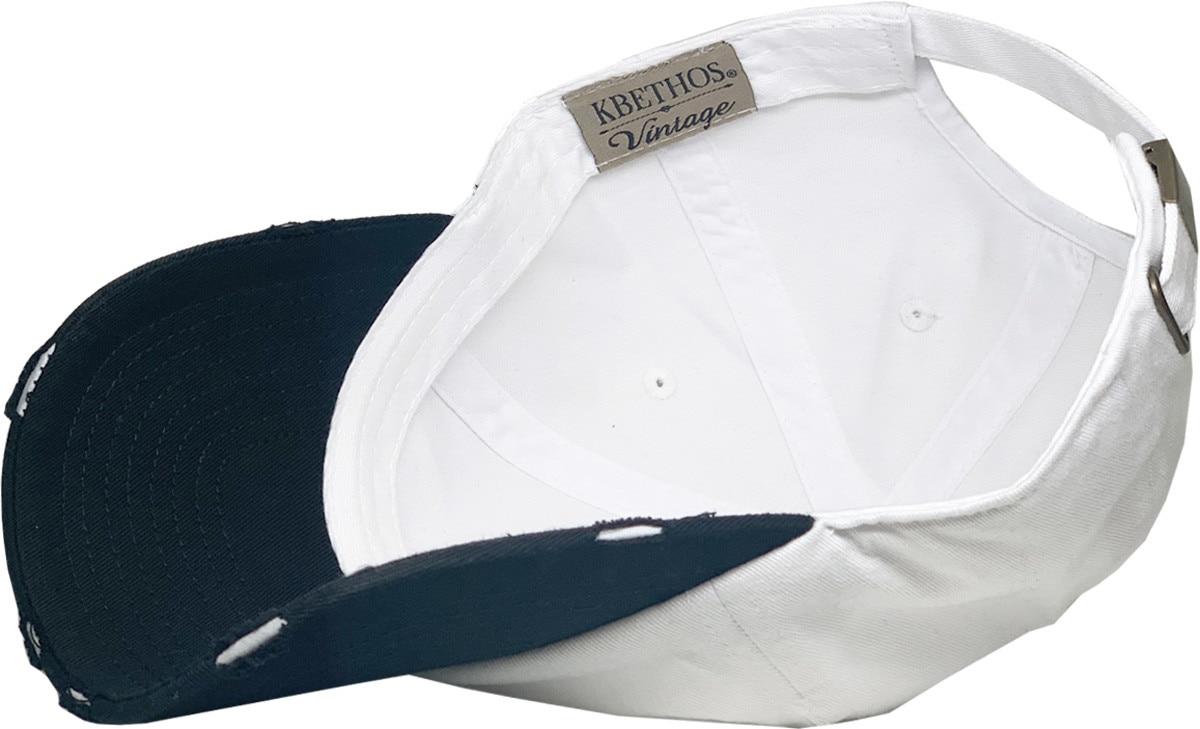 White Black Two Tone Distressed Vintage Baseball Cap Inside Turned Over View